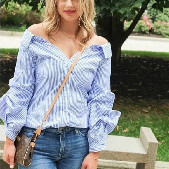 Off the shoulder yellow striped button down - Picture 4 of 4